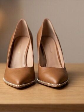 BCBGeneration Brown Pointed-Toe Pumps with Pearl Trim